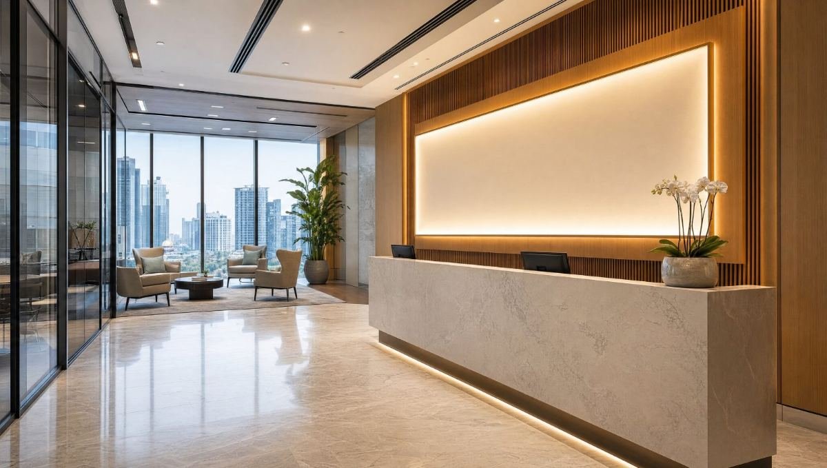 Design concept: reception area with a stone desk and waiting lounge